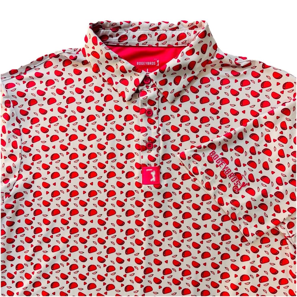 BogeyBros Polo Shirt Mens L White Pink Taco Print Golf Performance Stretch